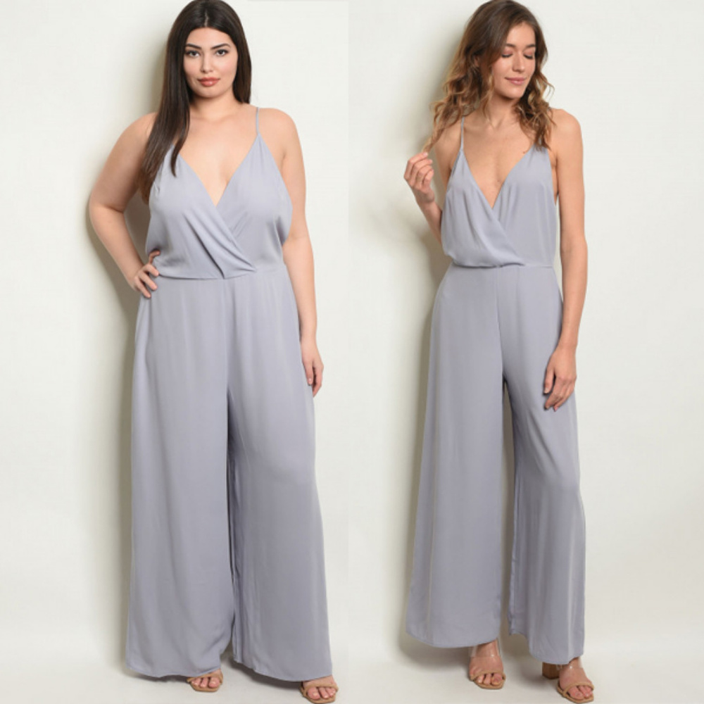 Grey Jumpsuit, Wide Leg Vneck Jumpsuit Plus Size